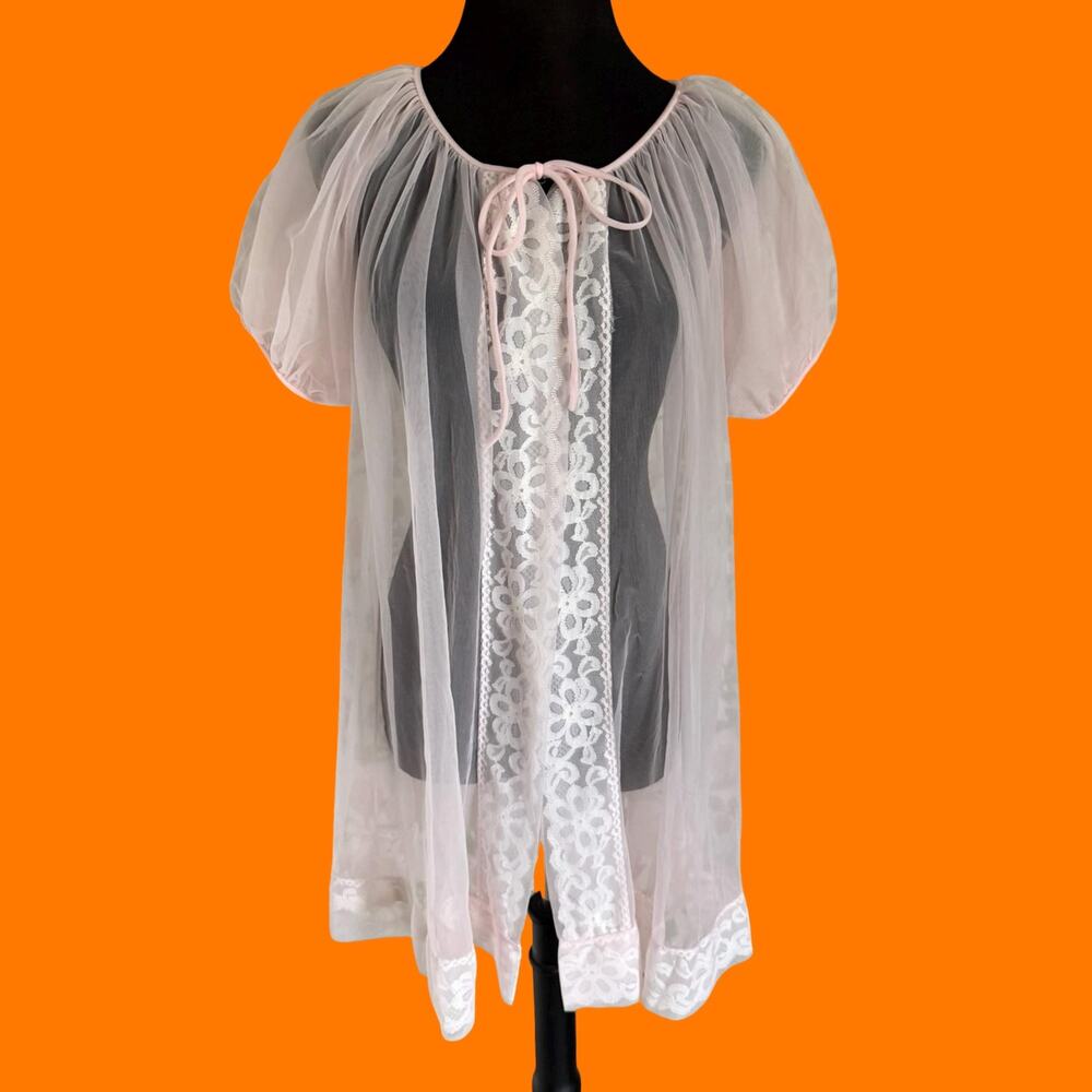 70's vintage baby pink babydoll lingerie boudoir glam peignoir robe M
